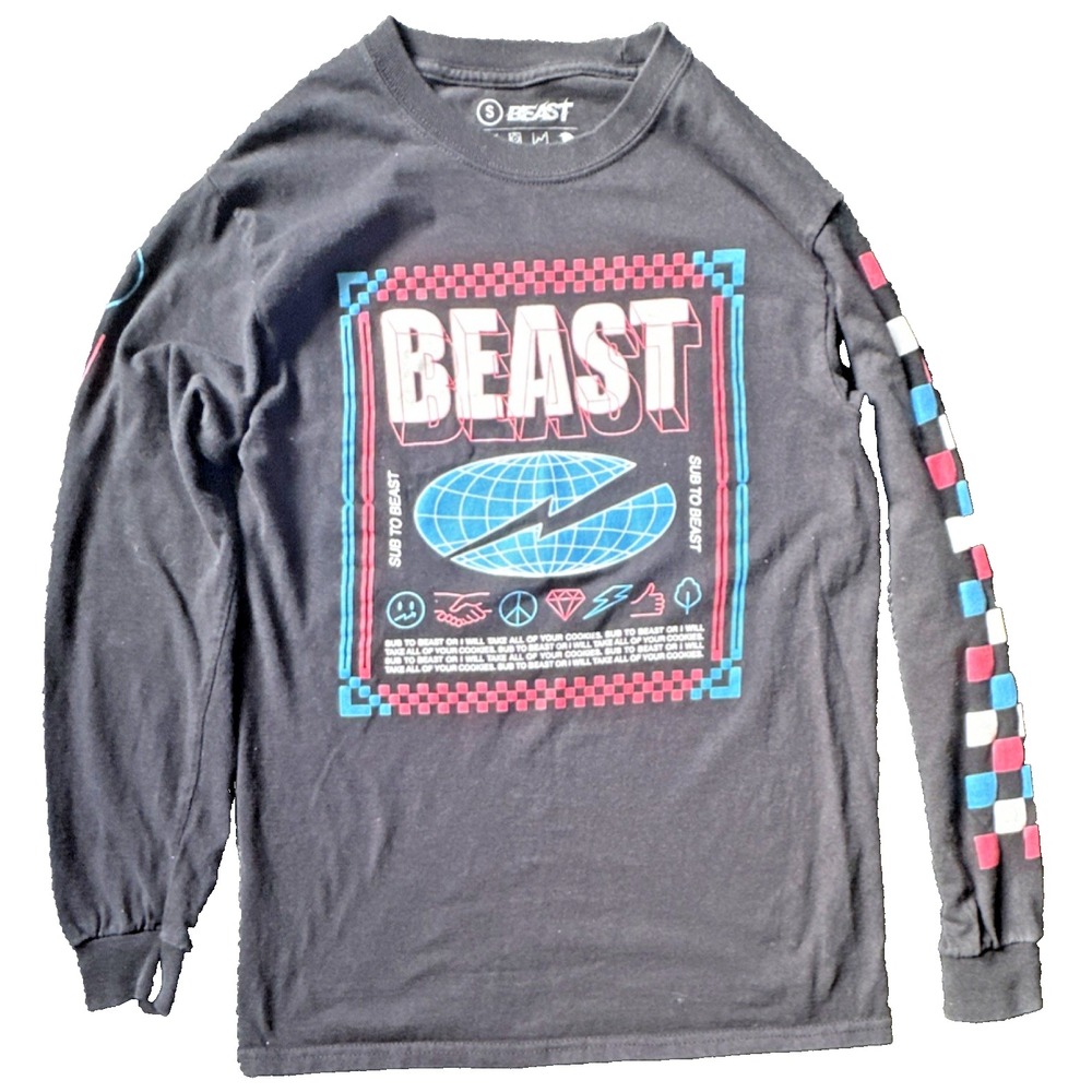Mr Beast Black Long Sleeve Graphic Logo Checkered Symbols Men's T-Shirt Size S